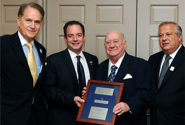 Reince Priebus receiving the 2012 Livanos Award in Washington, DC. Pictured with Priebus (L to R) are the Coordinated Effort's Andy Manatos, Andrew Athens and Philip Christopher. PHOTO: DEMETRIOS RHOMPOTIS