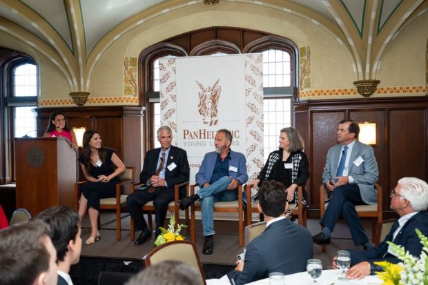 Beyond a scholarship. At the 6th Annual Mentorship Luncheon, mentors, nationally-known experts in their fields, answered questions, offered guidance, and shared real-world stories. Pictured L-to-R: Georgia Spear, MD; Kate Chappell; Hon. Thomas Varlan; George Pelecanos, Vicky Kalogera; and Jim Logothetis