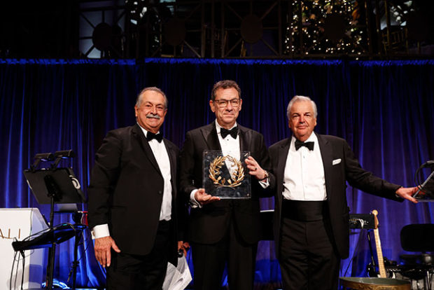 (L to R) Mr. Andrew N. Liveris, honoree Dr. Albert Bourla (Chairman and CEO of Pfizer), and Mr. George P. Stamas