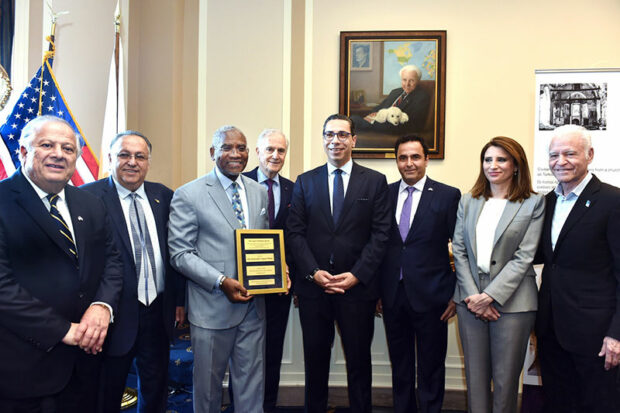 House Foreign Affairs Committee Ranking Democrat Gregory Meeks receives the James Williams Award. Pictured (L to R) are Christopher, Tsivicos, Meeks, Andy Manatos, Foreign Minister Kombos, Kyriacos Papastylianou, Hellenic Member of Parliamant Nina Kasimatis, Mehiel.
