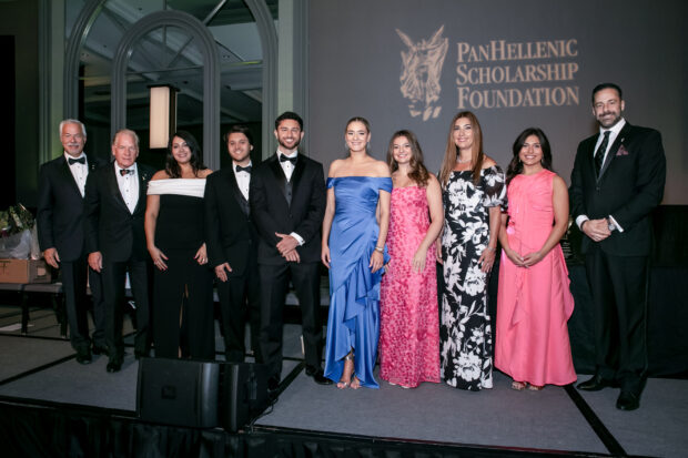 PanHellenic Scholarship Foundation Chairman (Robert Buhler), Trustees (Tom Sotos and John Manos), and Staff (Vasiliki Panos, Elizabeth Danielides, Fotini Anastopoulos, Jordan George, Tim Gianitsos, Danielle Arvanitis, and Georgia Tsakos); PHOTO: ELIOS PHOTOGRAPHY