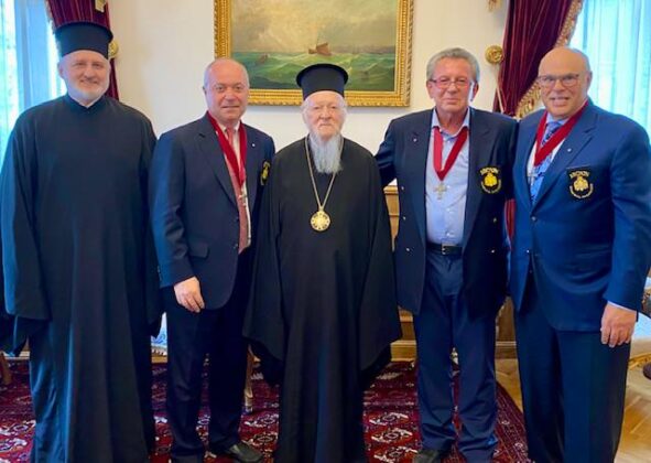 From left to right: Archbishop Elpidophoros of America, Archon John Gumas (friend of George Marcus), His All-Holiness Ecumenical Patriarch Bartholomew, George Marcus, Archon Tony Saris (friend of George Marcus)