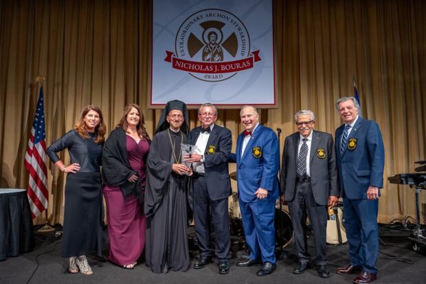 From left to right: Demetra Marcus Bell (daughter of George Marcus) and Alexandria Marcus (daughter of George Marcus), Metropolitan Gerasimos of San Francisco, George Marcus, Dr. Anthony J. Limberakis, Dr. Kenneth Frangadakis (friend of George Marcus), and Theodore Bozonelis