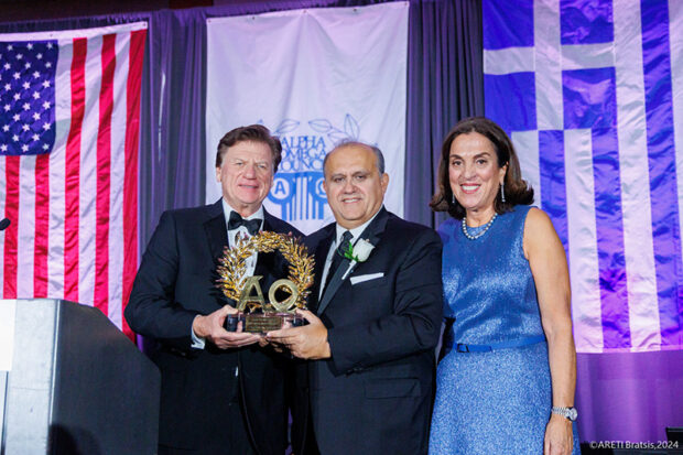 2024 Lifetime Achievement Award Recipient Nicholas Larigakis, Pres. & CEO of American Hellenic Institute with Alpha Omega Council President Harry J. Vlachos Esq. and Master of Ceremonies Cathy Papoulias-Sakellaris (photo: Areti Bratsis)